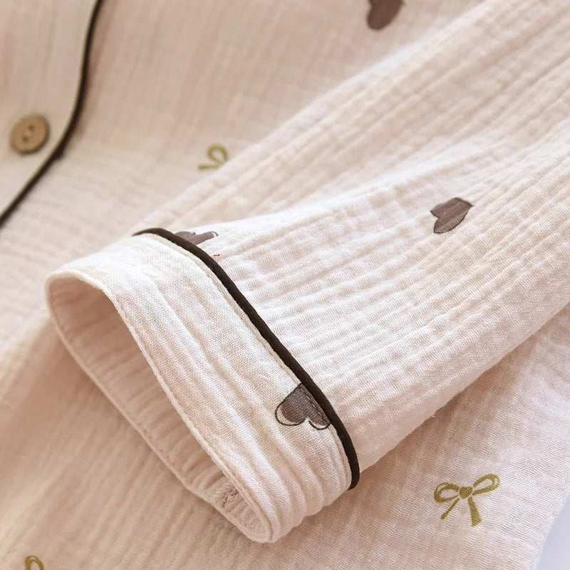 2025 New Spring/Summer Women's Pajama Set 100% Cotton Crepe Cute Love Long Sleeve Long Pants Two Piece Set Cardigan Home Clothes