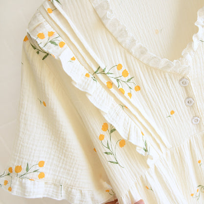 Summer new ladies nightdress 100% cotton crepe skirt thin short sleeve Japanese sweet and cute cardigan skirt home skirt women