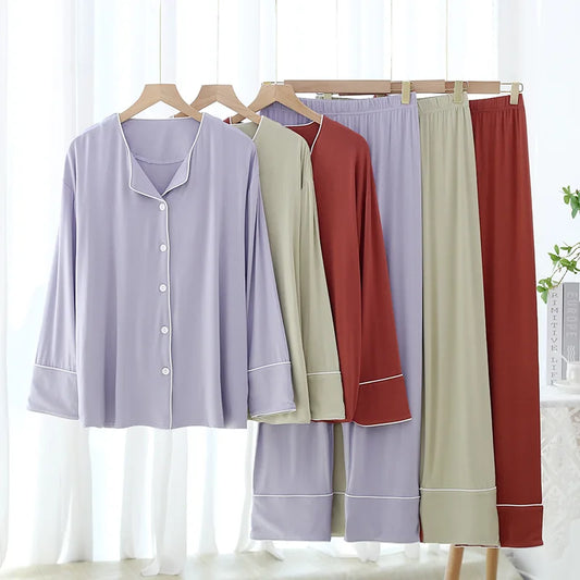 New Spring and Autumn Women's Pajamas Set Modal Pure Color Simple Thin Cardigan Long Sleeve Pants Two Piece Home Suit Sleepwear