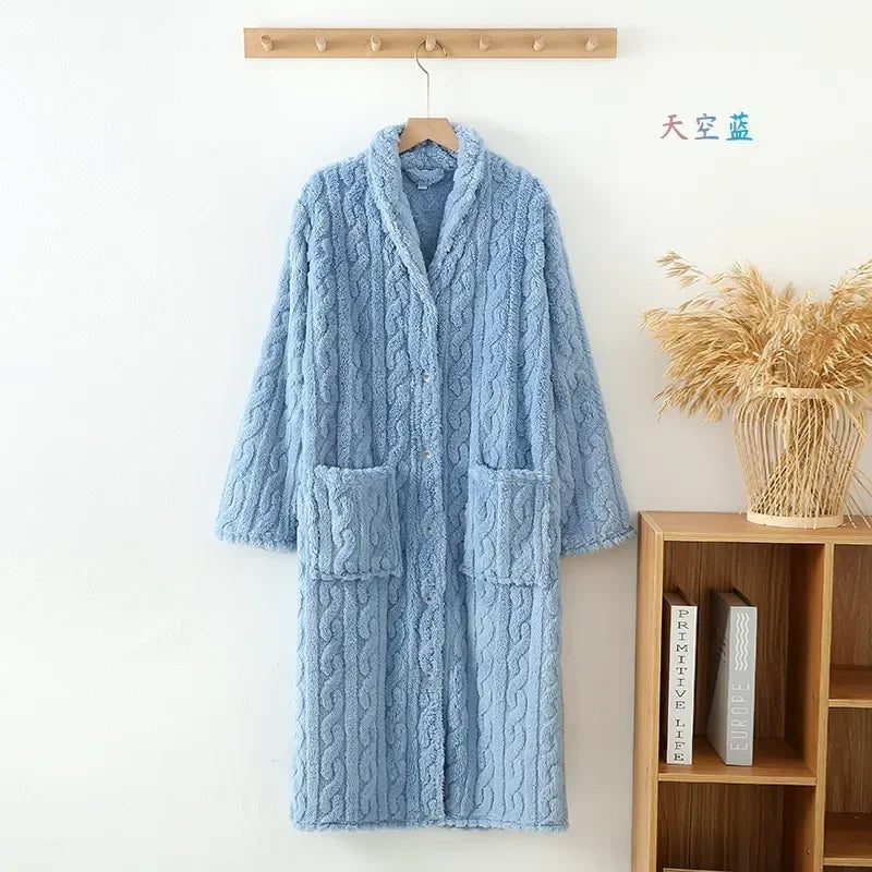 2025 New Autumn/Winter Women's Bathrobe Flannel Thickened Warm Buckle Long Dress Solid Color Nightgown Home Fur Ladies