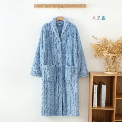 2025 New Autumn/Winter Women's Bathrobe Flannel Thickened Warm Buckle Long Dress Solid Color Nightgown Home Fur Ladies