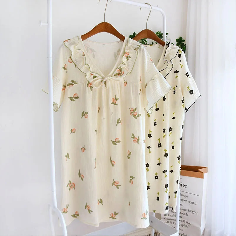 2025 Summer New Women's Pajama Dress 100% Cotton Crepe Ladies Short Sleeve Skirt Thin Flower Dress Homewear Pajama Dress