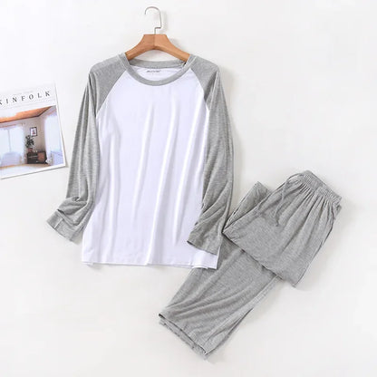 Spring and summer men's modal long-sleeved trousers pajamas set splicing large size sports home service suit spring and autumn