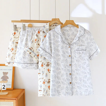 2025 New Summer Women's Pajama Set 100% Cotton Crepe Large Short Sleeve Shorts Two Piece Home Clothes Sleepwear Ladies