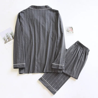 Spring and autumn new men's pajamas long-sleeved trousers suit 100% cotton knitted striped plus size home clothes two-piece set