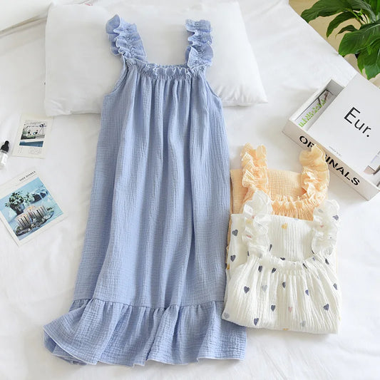 2025 Summer New Style Nightdress Ladies 100% Cotton Crepe Thin Vest Suspender Skirt Loose Long Skirt Sweet And Cute Home Skirt