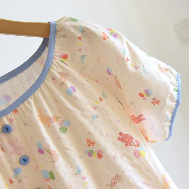 2025 Summer New Women's Pajama Skirt 100% Pure Cotton Double Layer Gauze Short Sleeve Pajama Skirt Thin Cute Pullover Home Dress