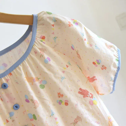 2025 Summer New Women's Pajama Skirt 100% Pure Cotton Double Layer Gauze Short Sleeve Pajama Skirt Thin Cute Pullover Home Dress