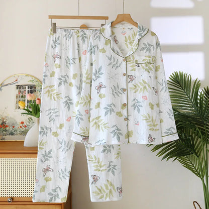 2025 New Spring/Summer Women's Pajama Set 100% Cotton Crepe Cute Love Long Sleeve Long Pants Two Piece Set Cardigan Home Clothes