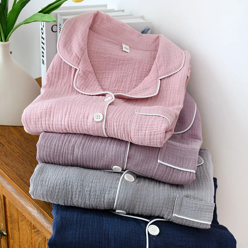 New Spring and Autumn Couple Pajamas Set 100%Cotton Crepe Long Sleeve Pants Two Piece Men's and Women's Large Size Home Garments