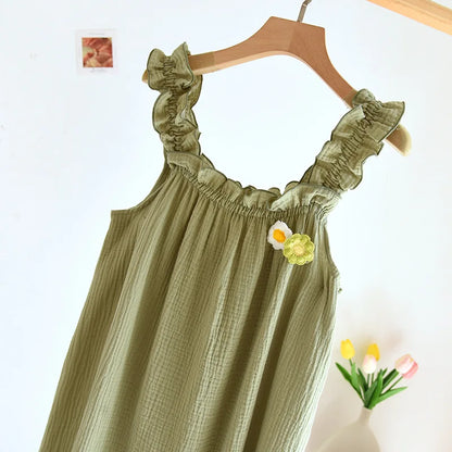 2025 summer new women's suspender nightdress 100% cotton crepe thin style solid color floral vest skirt home skirt sleepwear