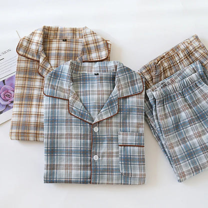 2025 Japanese New Men's Pajama Set Spring/Summer Checkered Simple Long sleeved Two Piece Set 100%Cotton Cardigan Home Furnishing