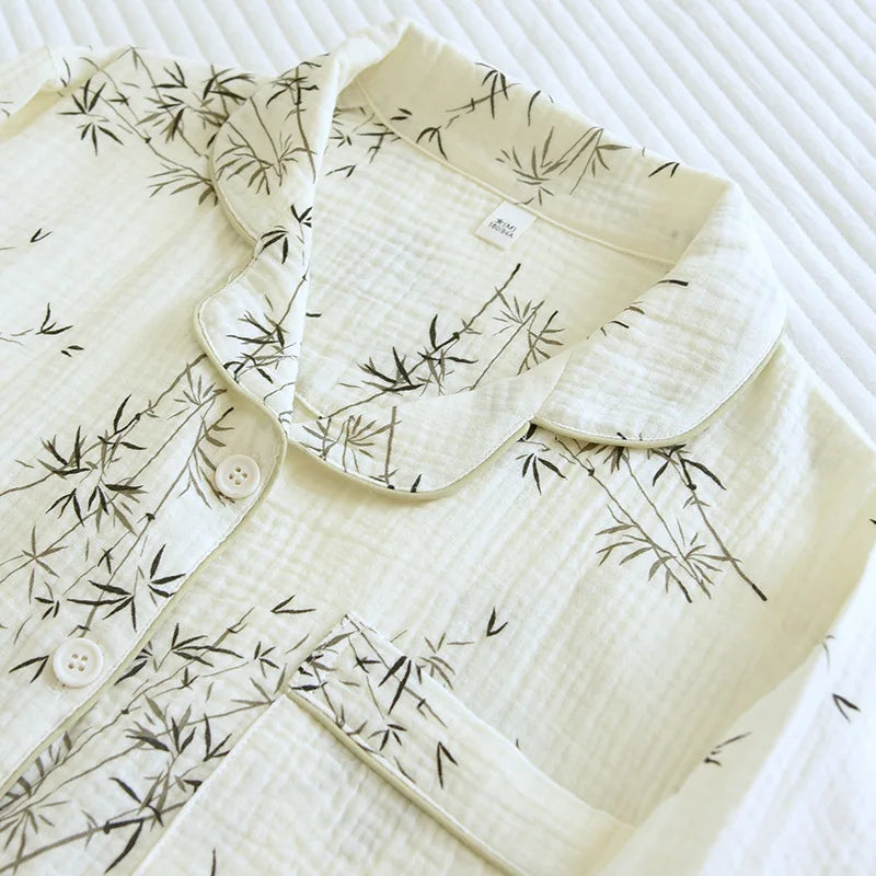 2025 New Spring and Autumn Couple Pajama Set 100% Cotton Crepe Fresh Long sleeved Pants for Men and Women Large Homewear Set