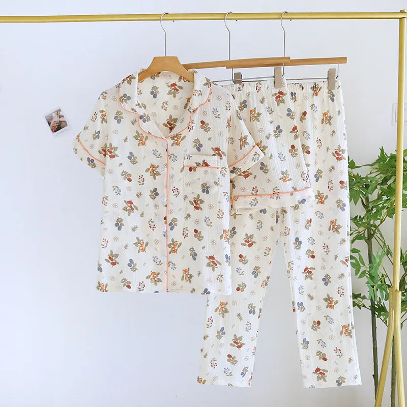 2025 New Women's Spring/Summer Pajama Set 100% Cotton Short Sleeves+Shorts+Long Pants Three Piece Thin Sweet Home Furnishings