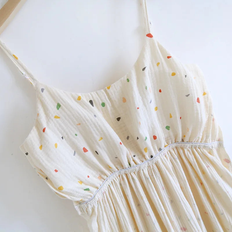 2025 New Summer Women's Sleeping Skirt 100% Cotton Crepe with Chest Cushion Suspender Dress Cute Thin Home Dress Summer Dress
