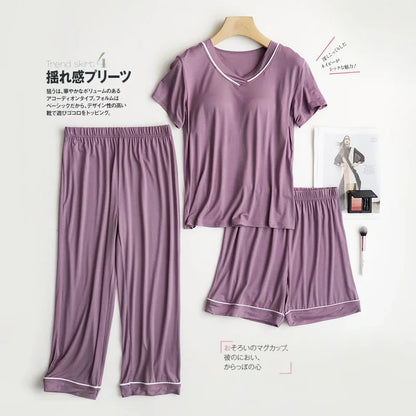 2025 summer new women's pajamas 3-piece Modal large simple pajamas with bra short sleeves+shorts+trousers casual home wear