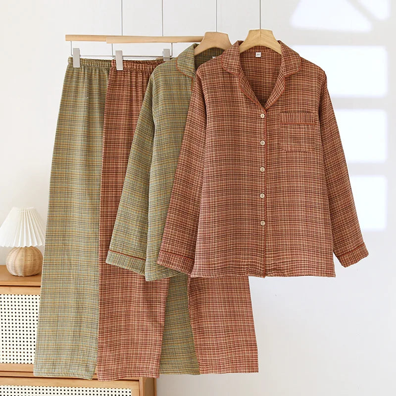 2025 Women's New Spring and Autumn Pajama Set 100% Cotton Long Sleeve Long Pants Two Piece Set Loose Collar Home Clothes Ladies
