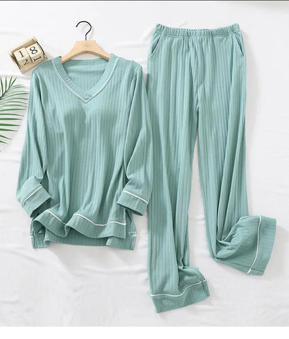 New Spring and Autumn Women's Pajamas Set V-Neck Cotton Thread Knitted Long Sleeve Pants Solid casual two-piece home clothes