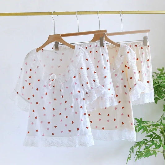 2025 New Summer Women's Pajama Set 100% Cotton Short Sleeve Shorts with Chest Pads Two Piece Loose Home Furnishings Ladies