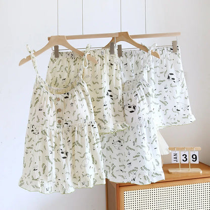 2025 New Summer Women's Pajamas Two Piece Set 100% Cotton Crepe Cloth with Chest Cushion Suspender+Shorts Set Cute Home Fury