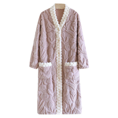2025 autumn and winter women's nightgown flannel V-neck flower tulip plus velvet cardigan nightgown nightgown sleepwear women