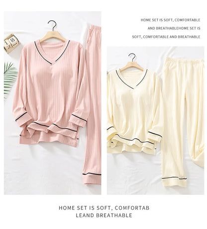 New Spring and Autumn Women's Pajamas Set V-Neck Cotton Thread Knitted Long Sleeve Pants Solid casual two-piece home clothes