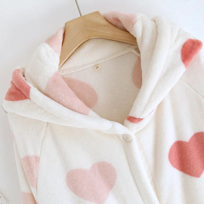 2025 Winter New Flannel Sleeping Robe Women's Bathrobe Long Thickened Velvet Cute Sweet Hooded Home Robe Sleepwear Ladies