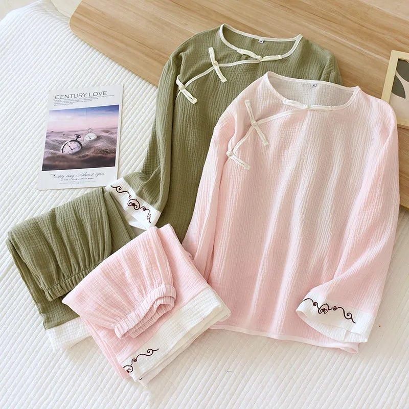 2025 Spring and Autumn New Women's Pajama Set 100% cotton crepe long-sleeved trousers classic two-piece household clothes