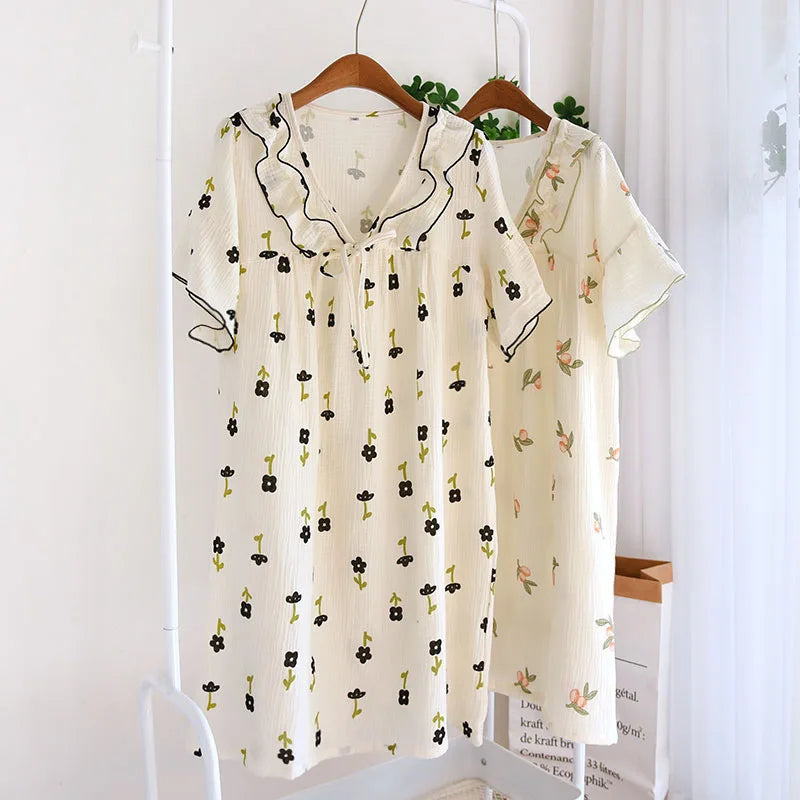 2025 Summer New Women's Pajama Dress 100% Cotton Crepe Ladies Short Sleeve Skirt Thin Flower Dress Homewear Pajama Dress