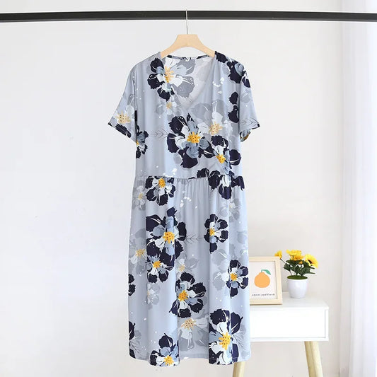 Summer New Ladies V-neck Nightdress 100% Viscose Short Sleeve Home Dress Floral Comfort Large Size Dress Thin Section women