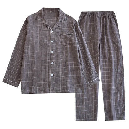2025 Spring and Autumn New Men's Pajama Set 100%Cotton Crepe Plaid Long sleeved Pants Two Piece Set Cardigan Large Size Homewear