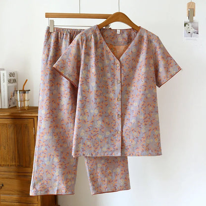2025 Spring/Summer New Women's Pajama Set 100% Cotton Short Sleeve+Capris Two Piece Set for Large Flower Thin Home Furnishing