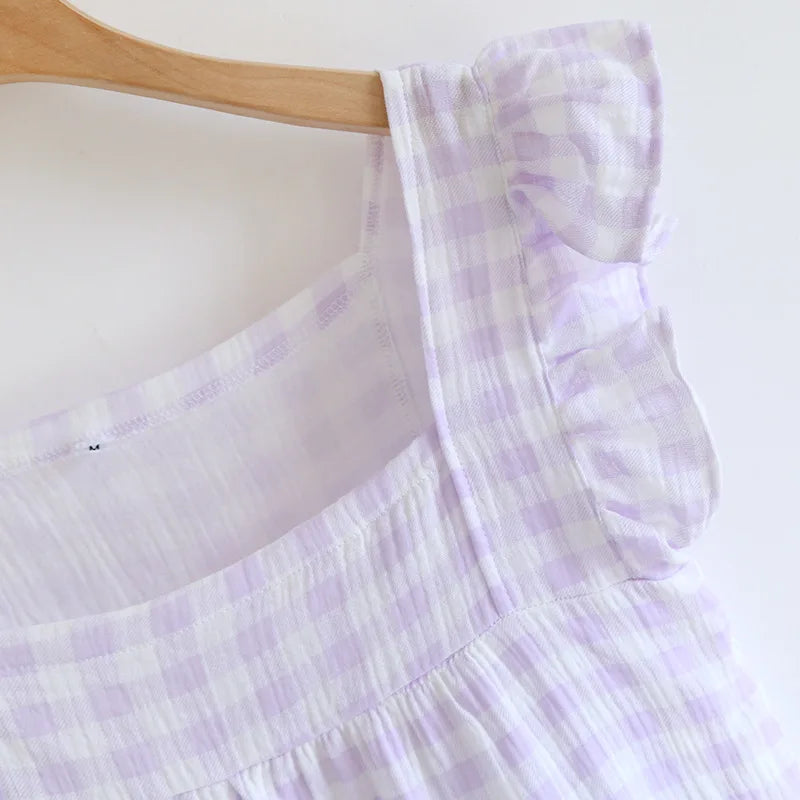 2025 Summer New Women's Sleeping Skirt Tank Top 100% Pure Cotton Large Size Loose Plaid with Chest Cushion Dress Home Fury