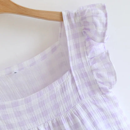 2025 Summer New Women's Sleeping Skirt Tank Top 100% Pure Cotton Large Size Loose Plaid with Chest Cushion Dress Home Fury