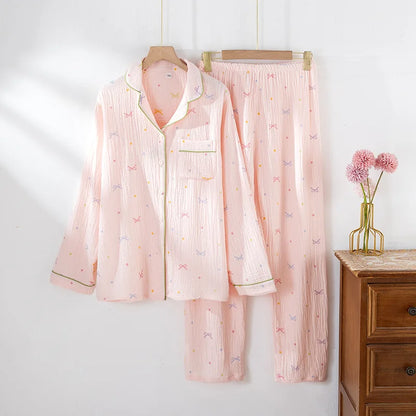 New large size pajamas women cotton crepe home service cotton long sleeve trousers suit simple and comfortable summer and autumn
