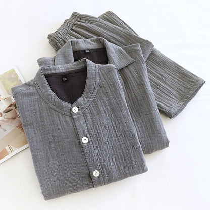 2025 Spring and Autumn New Couple Pajama Set 100% Pure Cotton Crepe Cloth Men's and Women's Stand up Neck Simple Home Clothing