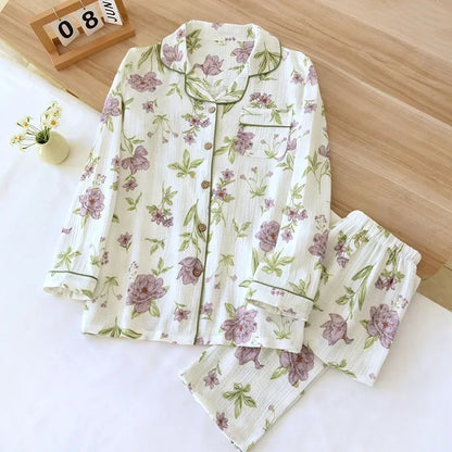 New large size pajamas women cotton crepe home service cotton long sleeve trousers suit simple and comfortable summer and autumn