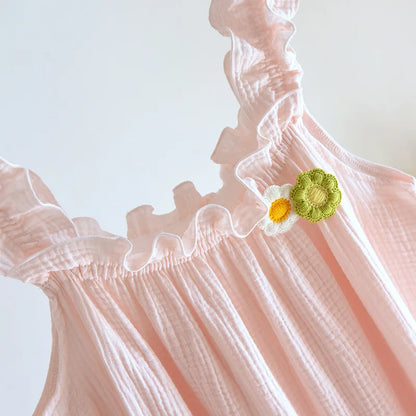 2025 summer new women's suspender nightdress 100% cotton crepe thin style solid color floral vest skirt home skirt sleepwear