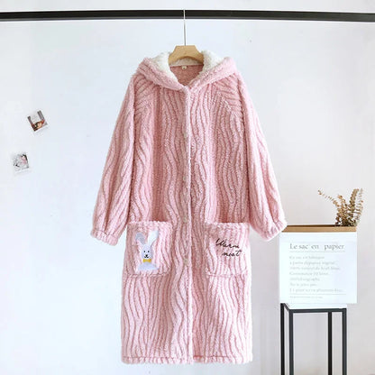 Autumn and Winter New Women's Nightgown Flannel Nightdress Warm Thickened Sweet Cute Large Size Home Clothes Gown Bath Robe