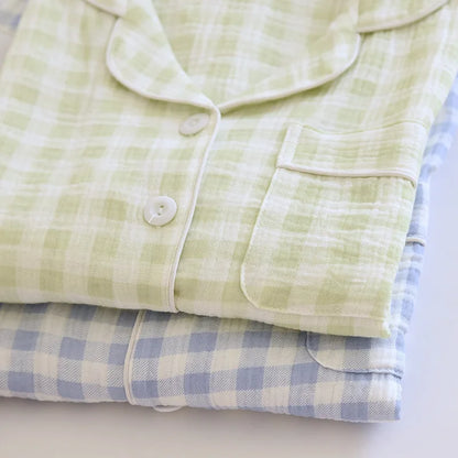 2025 New Spring Couple's Pajama Set 100% Cotton Long Sleeve Long Pants Two Piece Set Checkered Men's and Women's Home Clothes