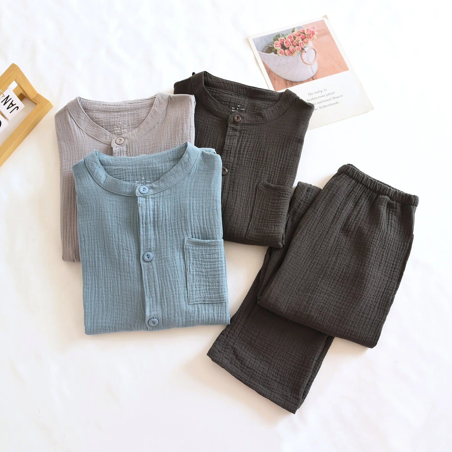 2025 New Spring and Autumn Couple Pajama Set 100%Cotton Crepe Fabric Men's and Women's Long Sleeve Pants Home Suit Two Piece Set