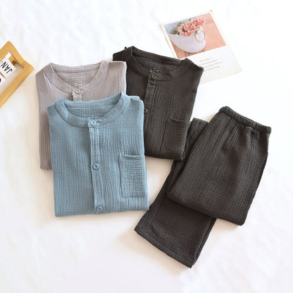 2025 New Spring and Autumn Couple Pajama Set 100%Cotton Crepe Fabric Men's and Women's Long Sleeve Pants Home Suit Two Piece Set