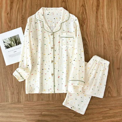 New large size pajamas women cotton crepe home service cotton long sleeve trousers suit simple and comfortable summer and autumn