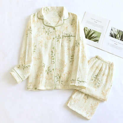 New large size pajamas women cotton crepe home service cotton long sleeve trousers suit simple and comfortable summer and autumn
