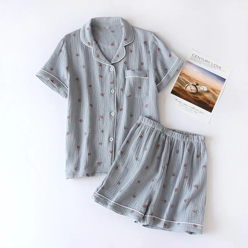 2025 Summer Ladies Short-sleeved Shorts Pajamas Set 100% Cotton Crepe Cloth Thin Home Service Two-piece Spring And Autumn Loose