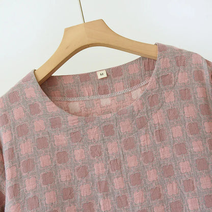 2025 New Summer Short Sleeve Sleeping Skirt 100% Cotton Yarn Weaving Jacquard Loose Pullover Mid length Plaid Skirt Home Dress