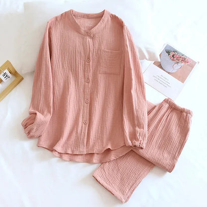 2025 New Spring and Autumn Couple Pajama Set 100%Cotton Crepe Fabric Men's and Women's Long Sleeve Pants Home Suit Two Piece Set