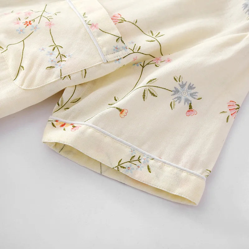 New summer women's pajamas short-sleeved shorts suit cotton double-layer gauze print fresh home clothes two-piece set ladies