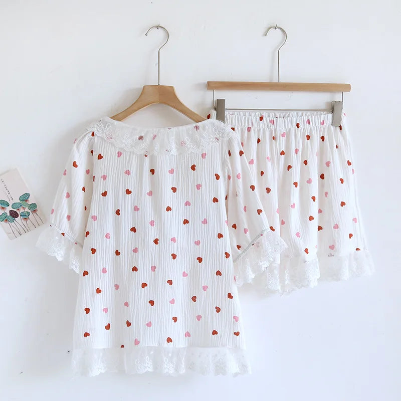 2025 New Summer Women's Pajama Set 100% Cotton Short Sleeve Shorts with Chest Pads Two Piece Loose Home Furnishings Ladies