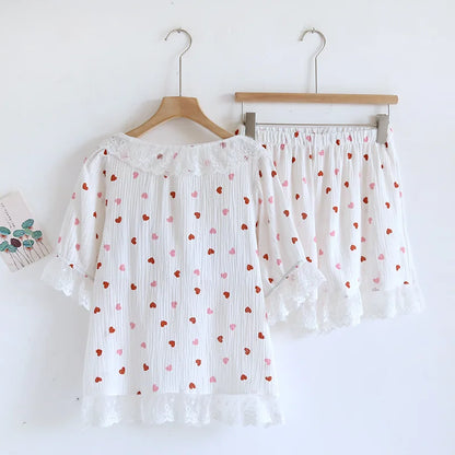 2025 New Summer Women's Pajama Set 100% Cotton Short Sleeve Shorts with Chest Pads Two Piece Loose Home Furnishings Ladies